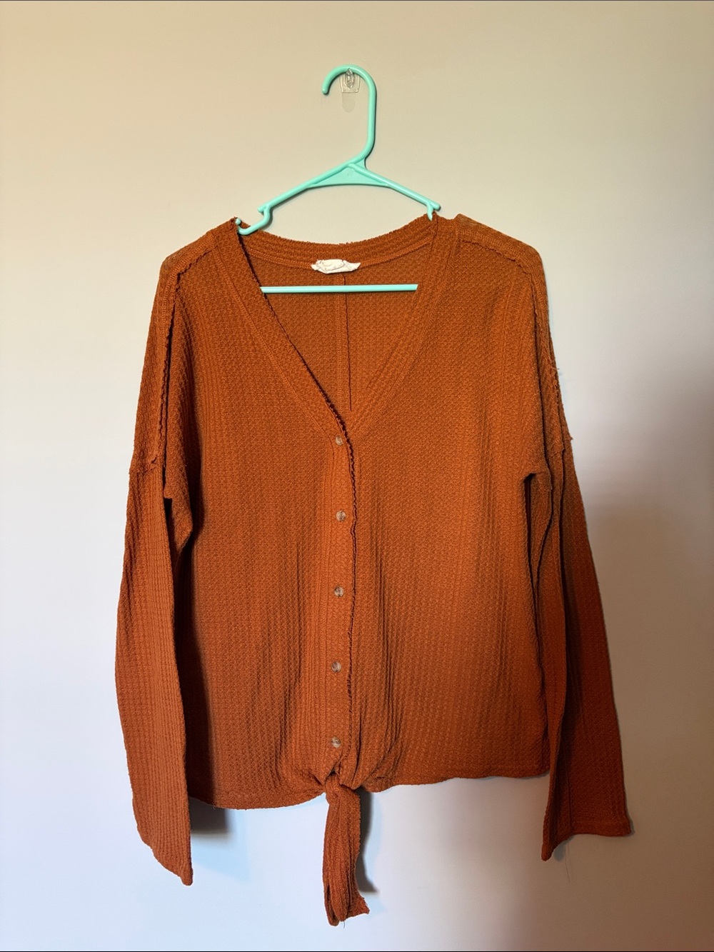 Waffle Knit Tie-Front Cardigan Sweater - L